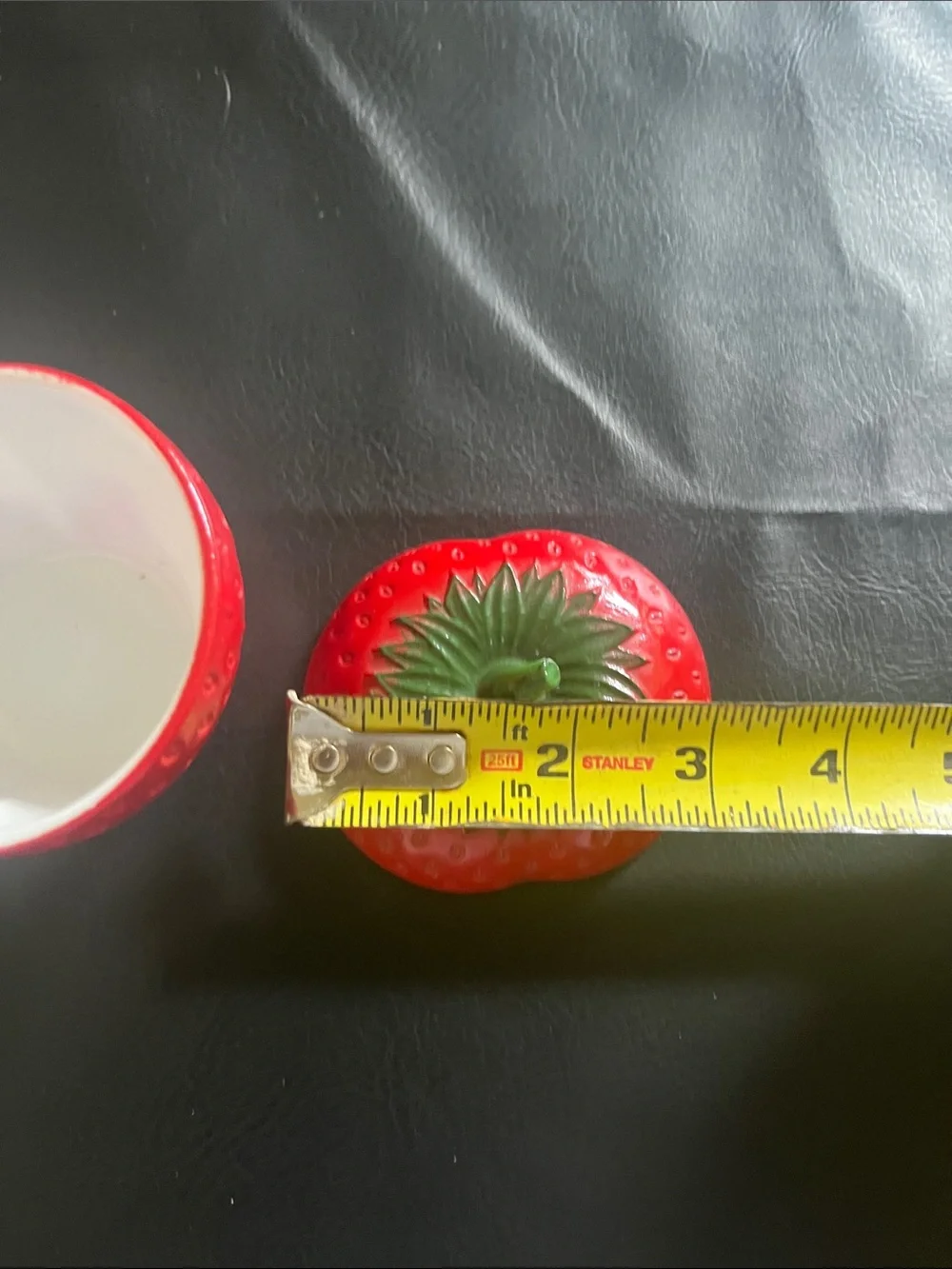 Hazel-Atlas 1940’s Bright Strawberry jelly Jar with Green Leaf Lid